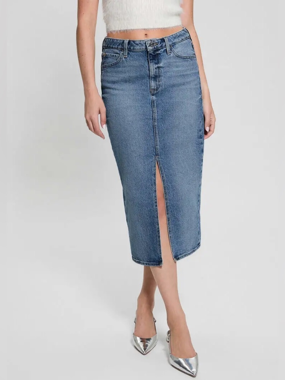 New Guess Blue Denim Midi Skirt with Front Slit SZ 29